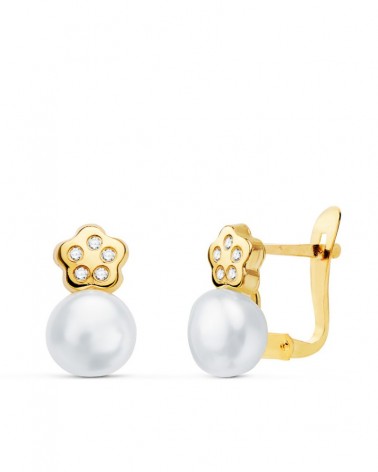 Pendientes oro 18k flor con perlas y circonitas 11x6mm