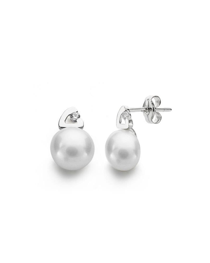 Pendientes oro blanco 18k perla cierre presión 12x7 mm
