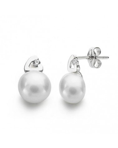 Pendientes oro blanco 18k perla cierre presión 12x7 mm