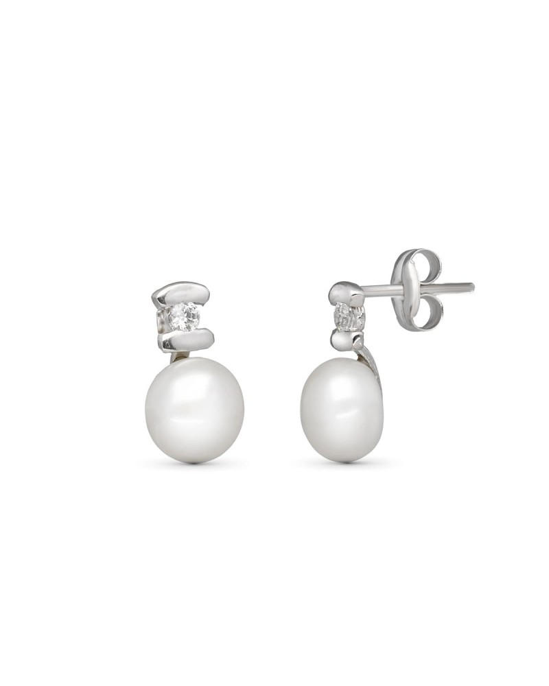 Pendientes oro blanco 18k perla circonita cierre presión