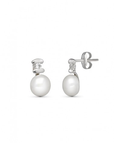 Pendientes oro blanco 18k perla circonita cierre presión