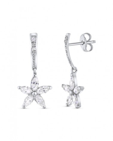 Pendientes oro blanco 18k flor circonitas 20x9mm