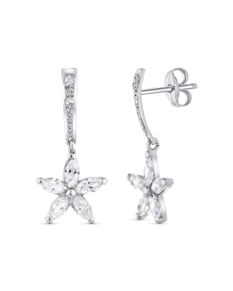 Pendientes oro blanco 18k flor circonitas 20x9mm