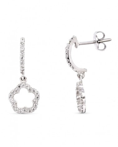 Pendientes oro blanco 18k trébol circonita 19x7mm