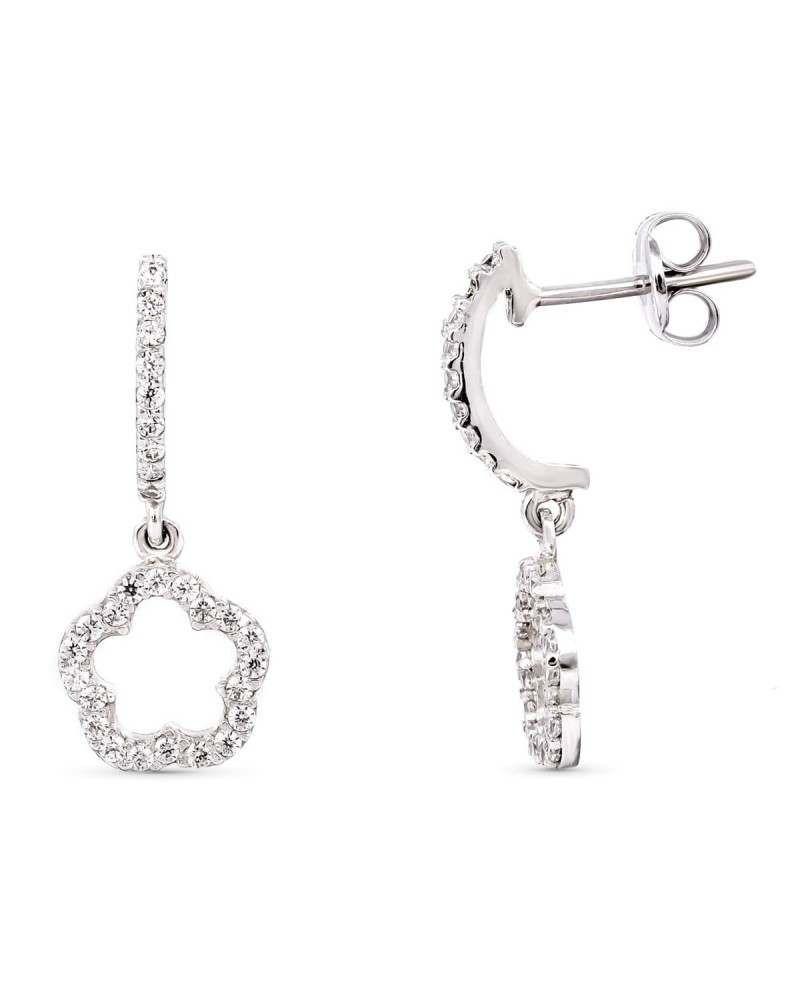 Pendientes oro blanco 18k trébol circonita 19x7mm