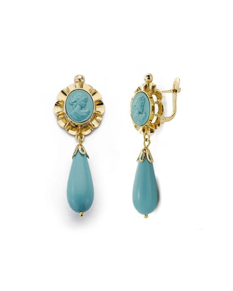 Pendientes oro 18k camafeo turquesa colgante gota