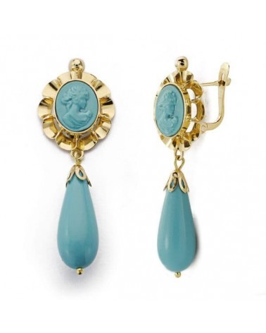 Pendientes oro 18k camafeo turquesa colgante gota