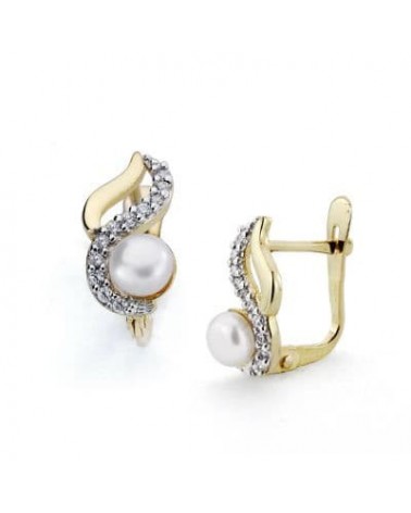 Pendientes oro 18k bicolor perla cierre catalán 12x6mm