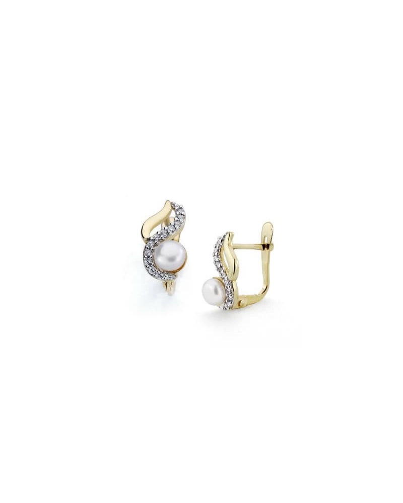 Pendientes oro 18k bicolor perla cierre catalán 12x6mm