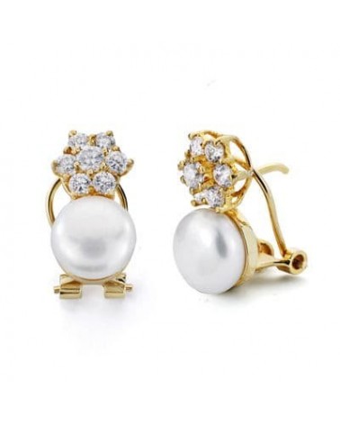 Pendientes oro 18k perla circonita cierre omega