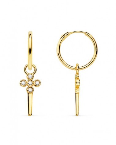 Pendientes aros oro 18k cruz puñal circonitas 11mm