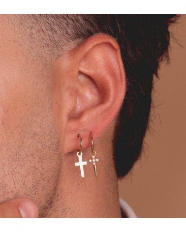 Pendientes aros oro 18k cruz puñal circonitas 11mm