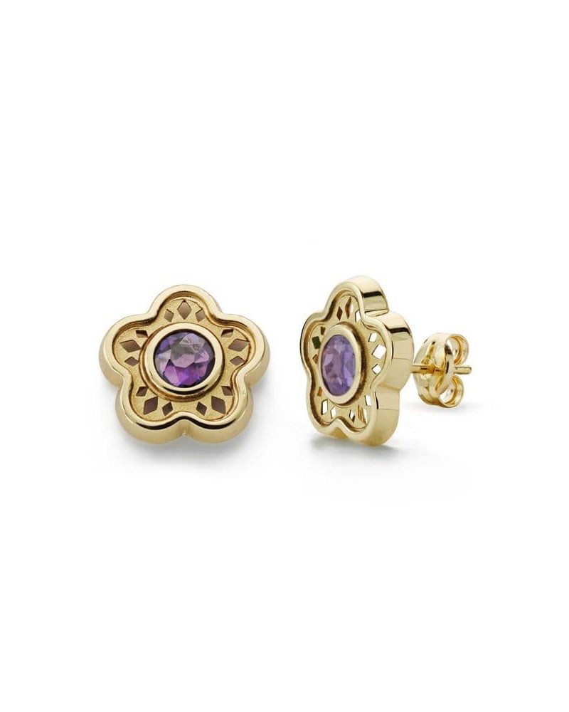 Pendientes oro 18k flor amatista cierre presión 11 mm