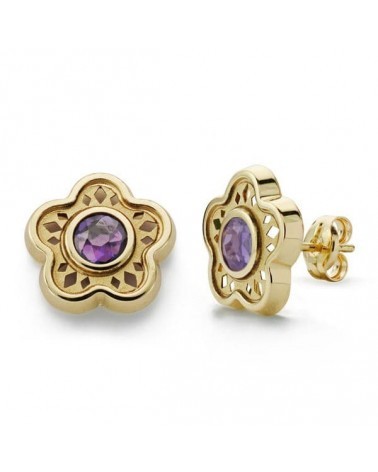 Pendientes oro 18k flor amatista cierre presión 11 mm