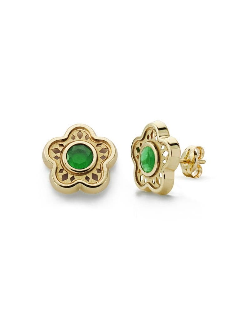 Pendientes oro 18k flor piedra verde 11 mm