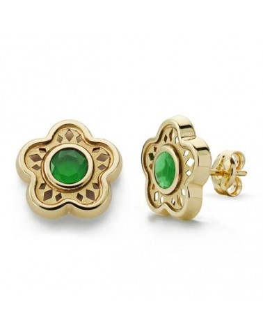 Pendientes oro 18k flor piedra verde 11 mm