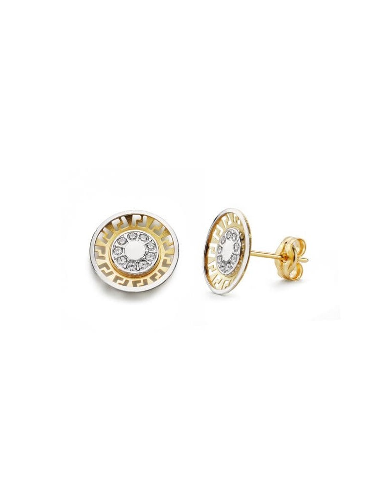 Pendientes oro 18k bicolor circonitas motivo greca 10mm