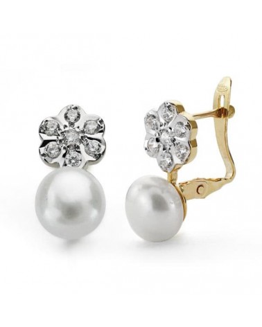 Pendientes oro 18k bicolor perla 7mm flor circonita