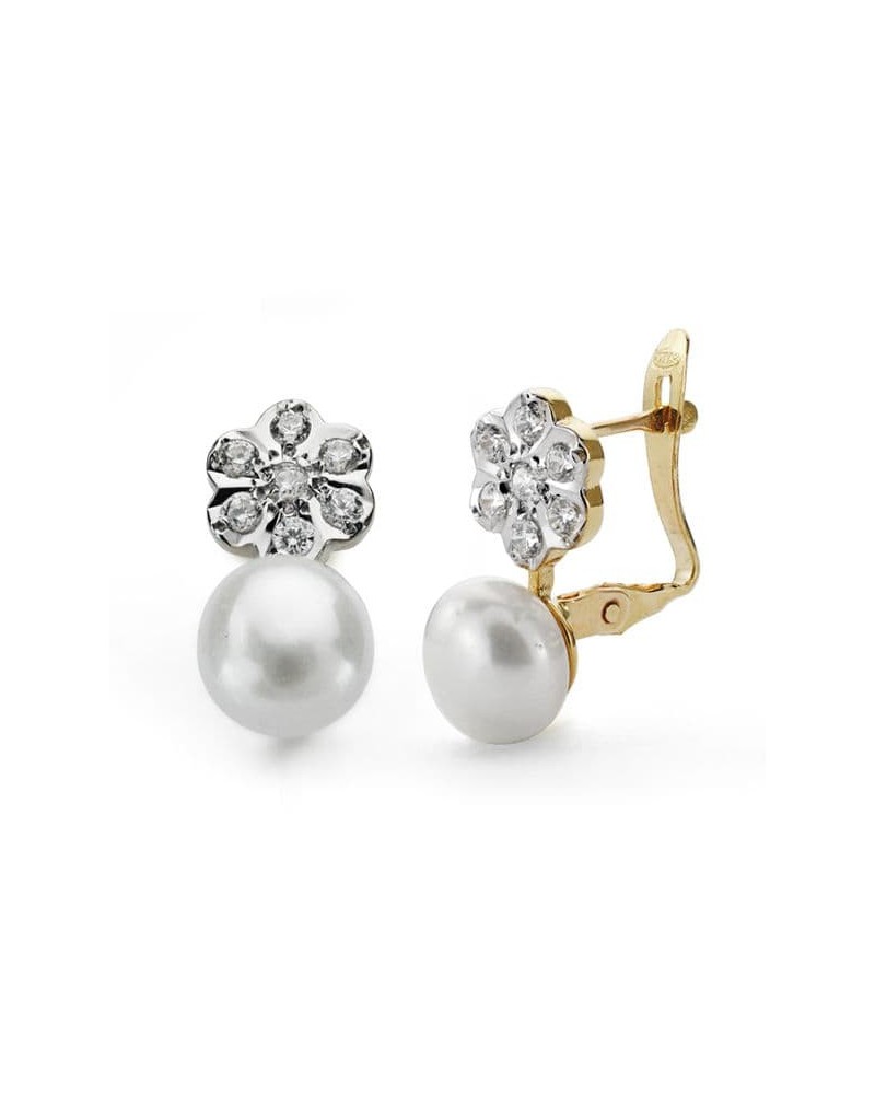 Pendientes oro 18k bicolor perla 7mm flor circonita