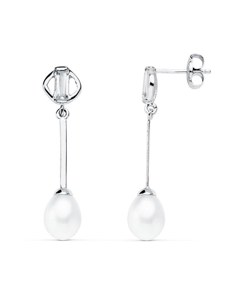 Pendientes oro blanco 18k perla colgante 29x6 mm
