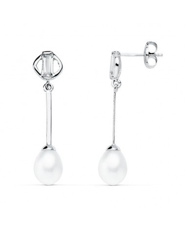Pendientes oro blanco 18k perla colgante 29x6 mm