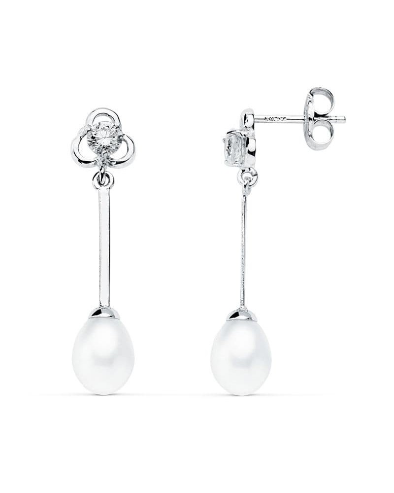 Pendientes oro blanco 18k perla largos 27mm