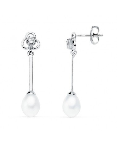Pendientes oro blanco 18k perla largos 27mm