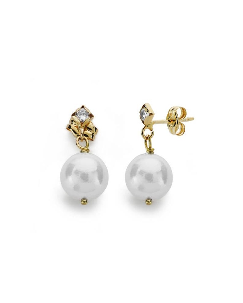Pendientes oro 18k perla circonita cierre presión 17mm