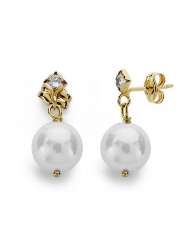 Pendientes oro 18k perla circonita cierre presión 17mm