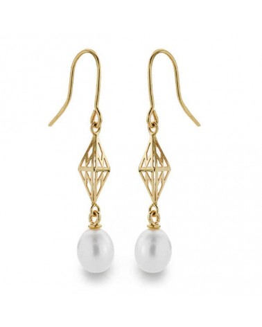 Pendientes oro 18k perla diseño geométrico gancho
