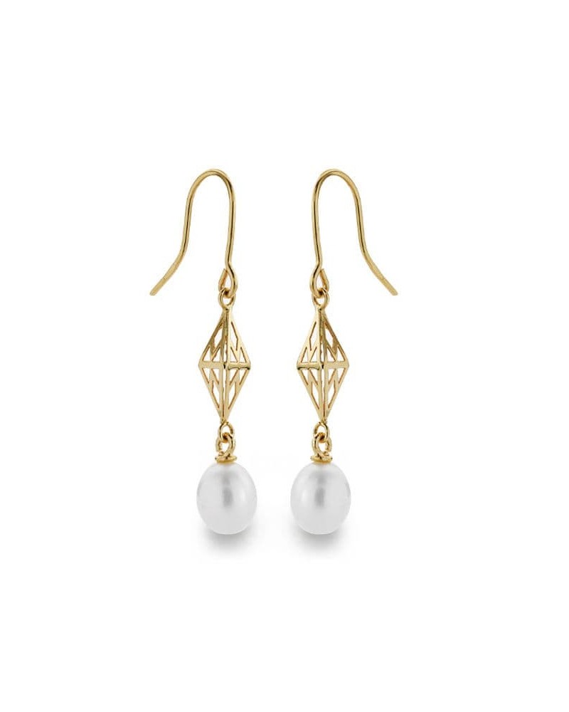 Pendientes oro 18k perla diseño geométrico gancho