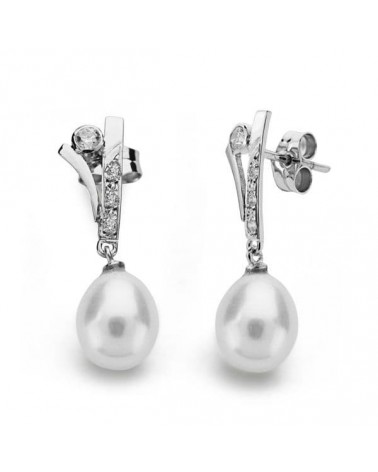 Pendientes oro blanco 18k perlas circonitas 23x7 mm