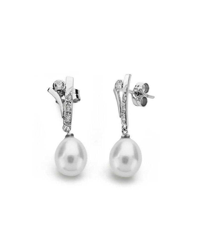 Pendientes oro blanco 18k perlas circonitas 23x7 mm