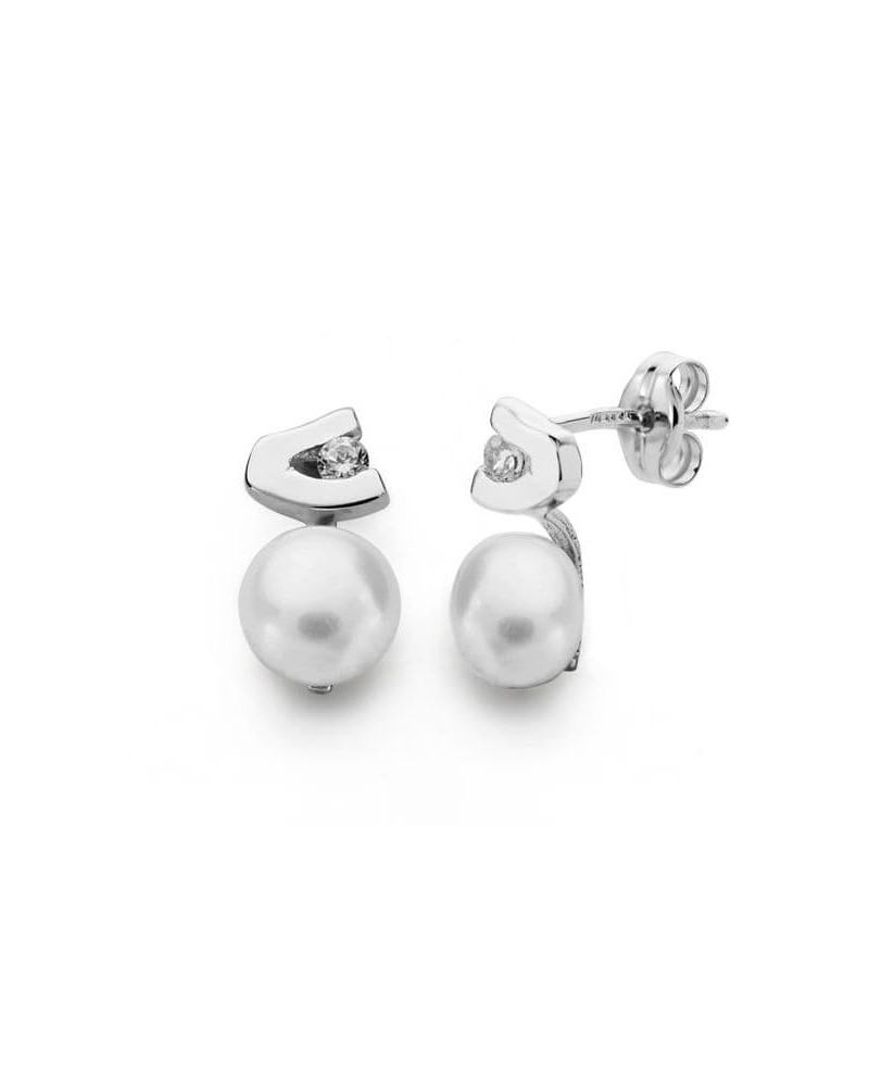 Pendientes oro blanco 18k perla circonita 11x6 mm