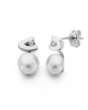 Pendientes oro blanco 18k perla circonita 11x6 mm