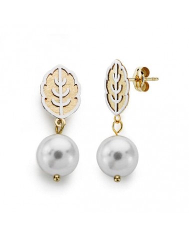 Pendientes oro 18k bicolor perlas colgantes 25x8 mm