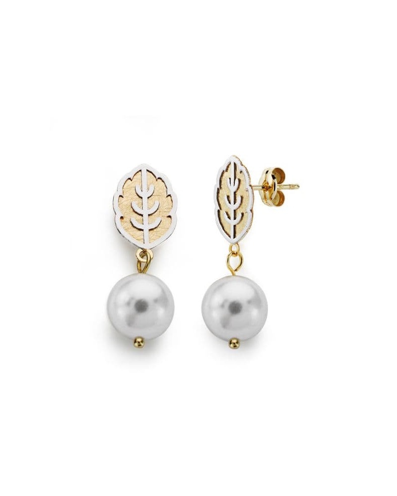 Pendientes oro 18k bicolor perlas colgantes 25x8 mm