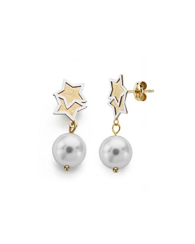 Pendientes oro 18k bicolor estrella perla 25x8 mm