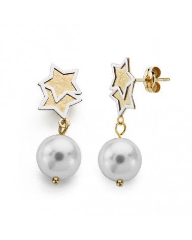 Pendientes oro 18k bicolor estrella perla 25x8 mm