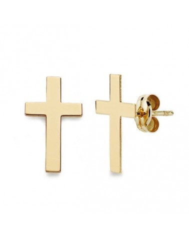 Pendientes oro 18k cruz lisa cierre presión 12x7 mm