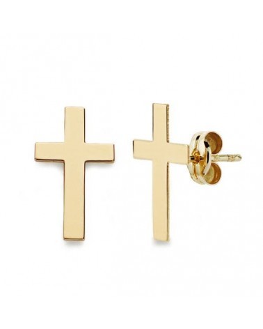 Pendientes oro 18k cruz lisa cierre presión 12x7 mm