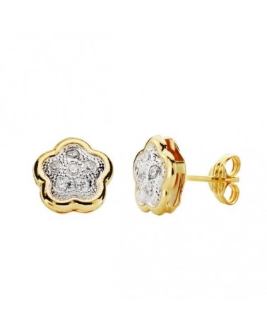 Pendientes oro 18k bicolor flor circonita 8x8 mm