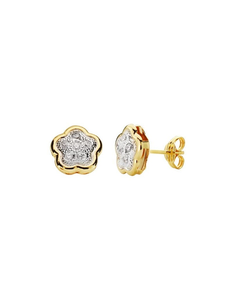 Pendientes oro 18k bicolor flor circonita 8x8 mm