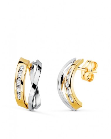Pendientes oro 18k bicolor bandas circonitas 16x7,5mm