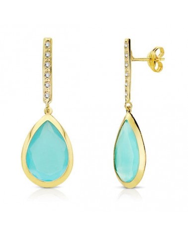 Pendientes oro 18k colgantes piedra azul 33x12 mm