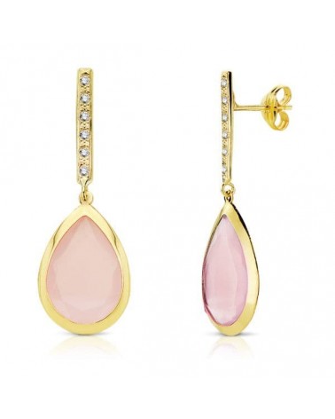 Pendientes oro 18k piedra rosa circonita 33x12 mm