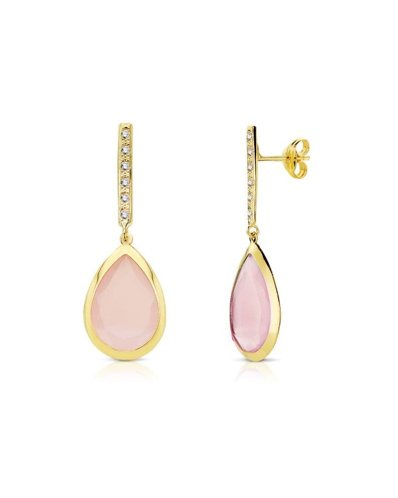 Pendientes oro 18k piedra rosa circonita 33x12 mm