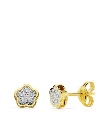 Pendientes oro 18k bicolor flor 5x5 mm cierre presión