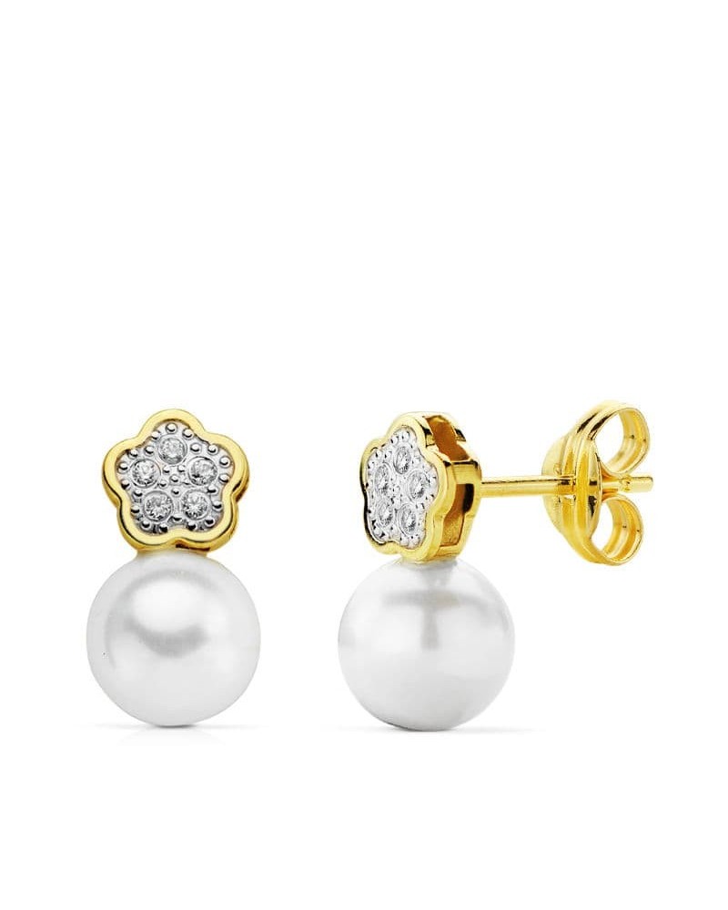 Pendientes oro 18k bicolor flor perla cierre presión