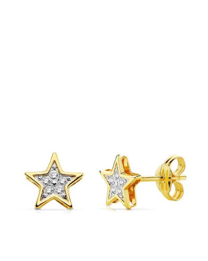 Pendientes oro 18k bicolor estrella 6,5 mm presión